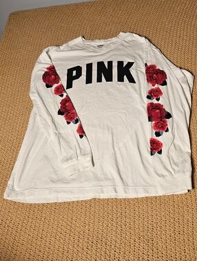 Victoria's Secret PINK White Rose Long Sleeve Campus Tee Size Large